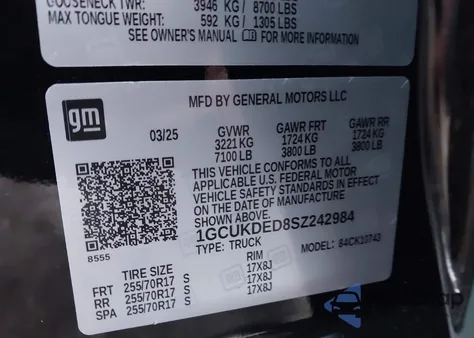 2025 Chevrolet Silverado 1500 4Wd Standard Bed Lt из США, поврежденный, VIN 1GCUKDED8SZ242984